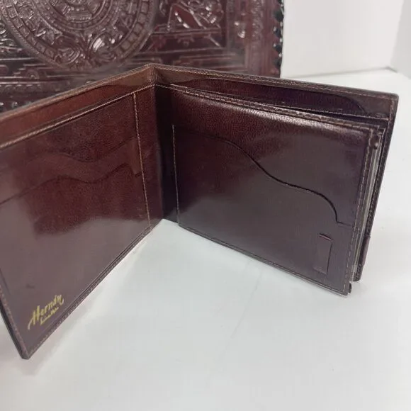Wallet Fold Hand Tooled Leather Embossed Aztec Stamped Mexico Brown 12x7.5in WOW
